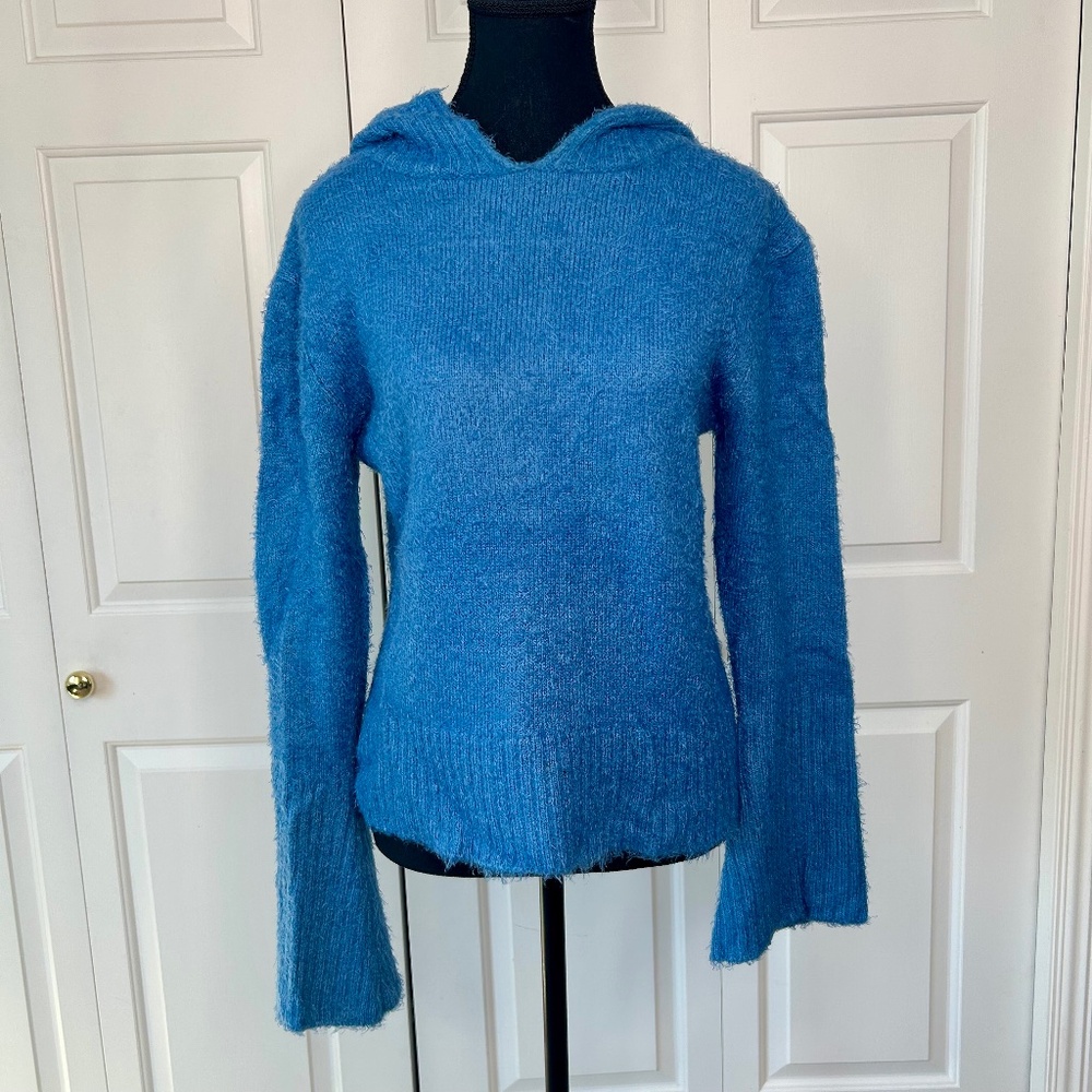 Kenzie Blue Fuzzy Mohair-Like Sweater with Hood Size L